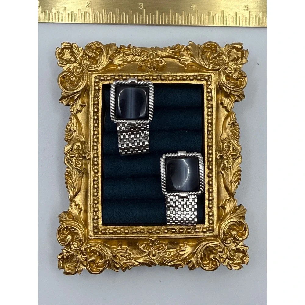 Swank Mesh Wrap Cufflinks OS Black Stone Silver Tone Vintage MCM Formal Dapper